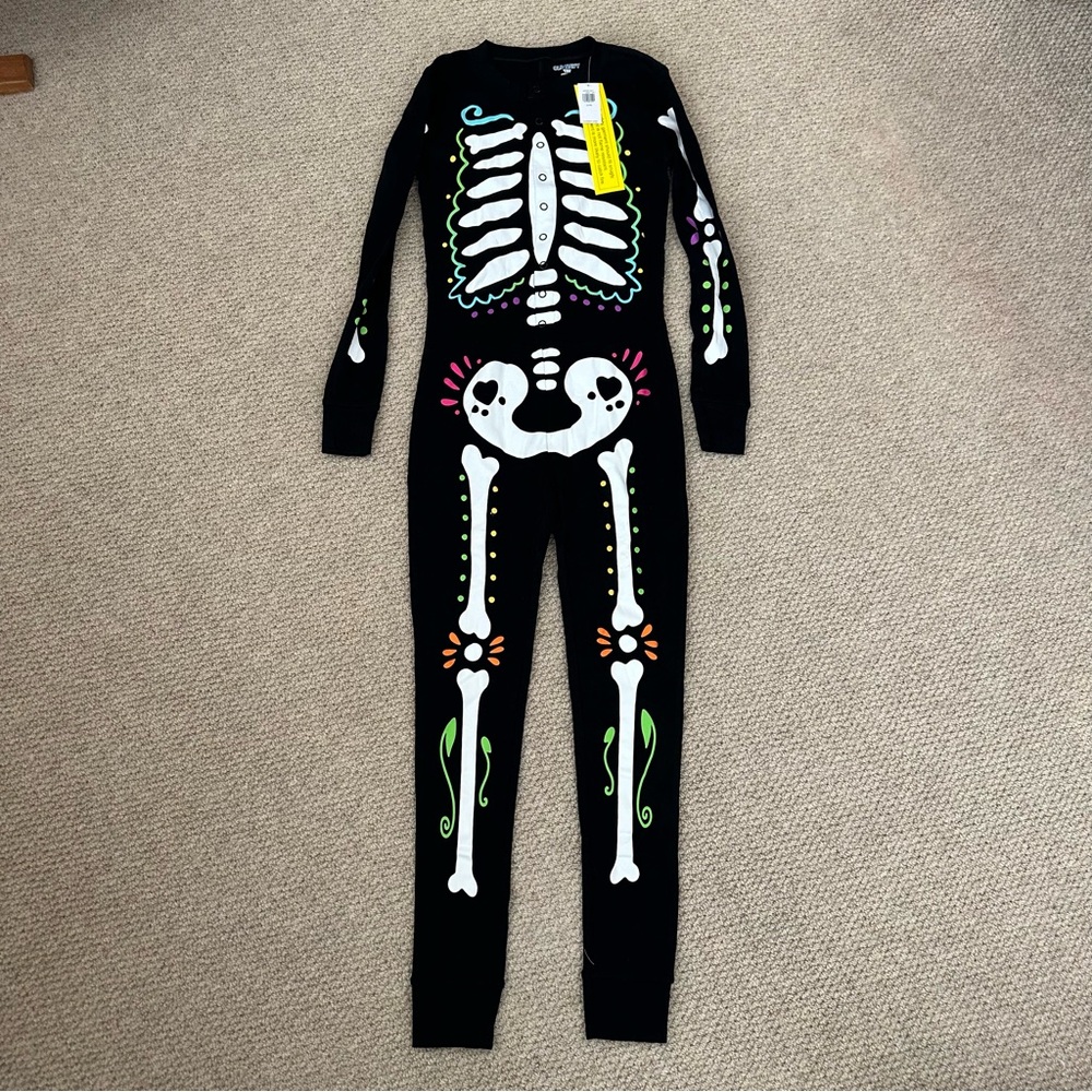 Old Navy black skeleton neon one piece pajama set kids size Large/10